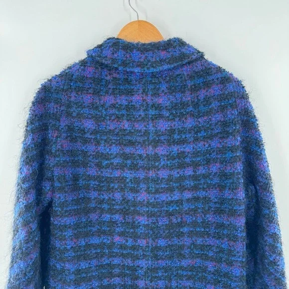 Vintage‎ Womens Blue Purple Plaid Boucle Knit Double Breasted Coat Size Small